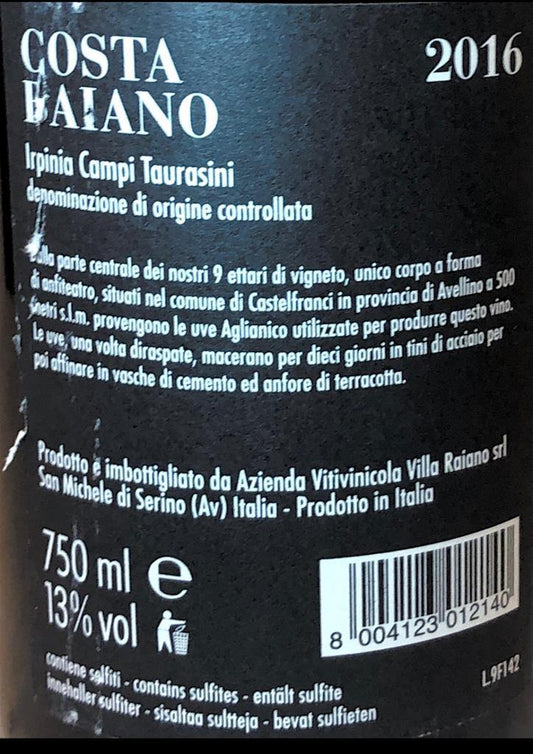 Vino Rosso - Costa Baiano " Villa Raiano " 2016 - 750ml. 13%vol. - Drugstore Napoli