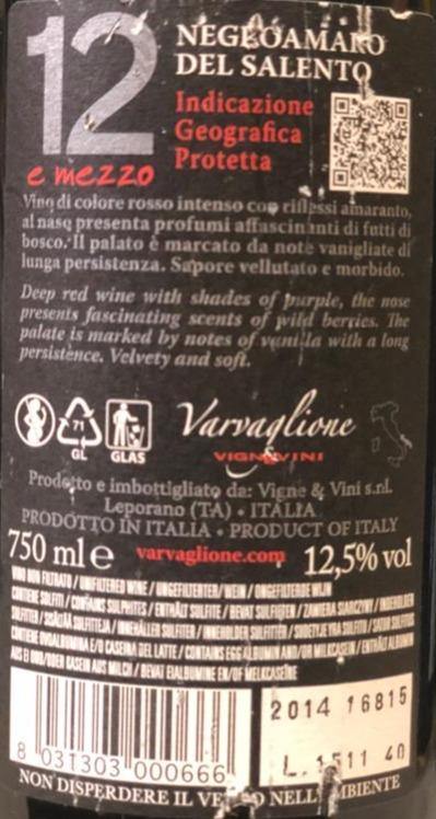 Vino Rosso - 12 e mezzo negroamaro del salento 2015 - Drugstore Napoli