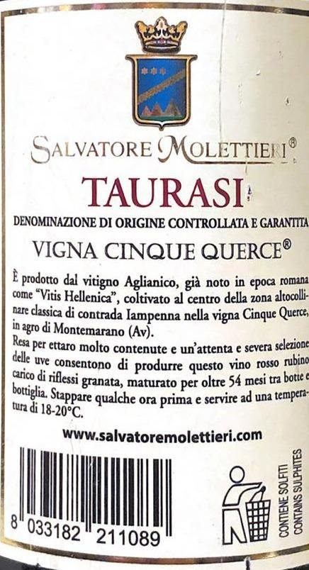 Vino Rosso - Taurasi Vigna Cinque Querce DOCG - Salvatore Molettieri 2012 - 750ml. 15% vol. - Drugstore Napoli