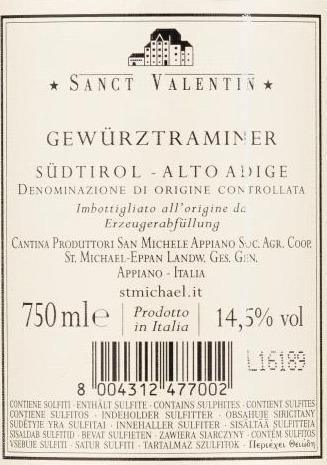 Vino Bianco - Alto Adige Gewürztraminer DOC “Sanct Valentin” 2015 - San Michele Appiano - 750ml. 14.5% vol. - Drugstore Napoli