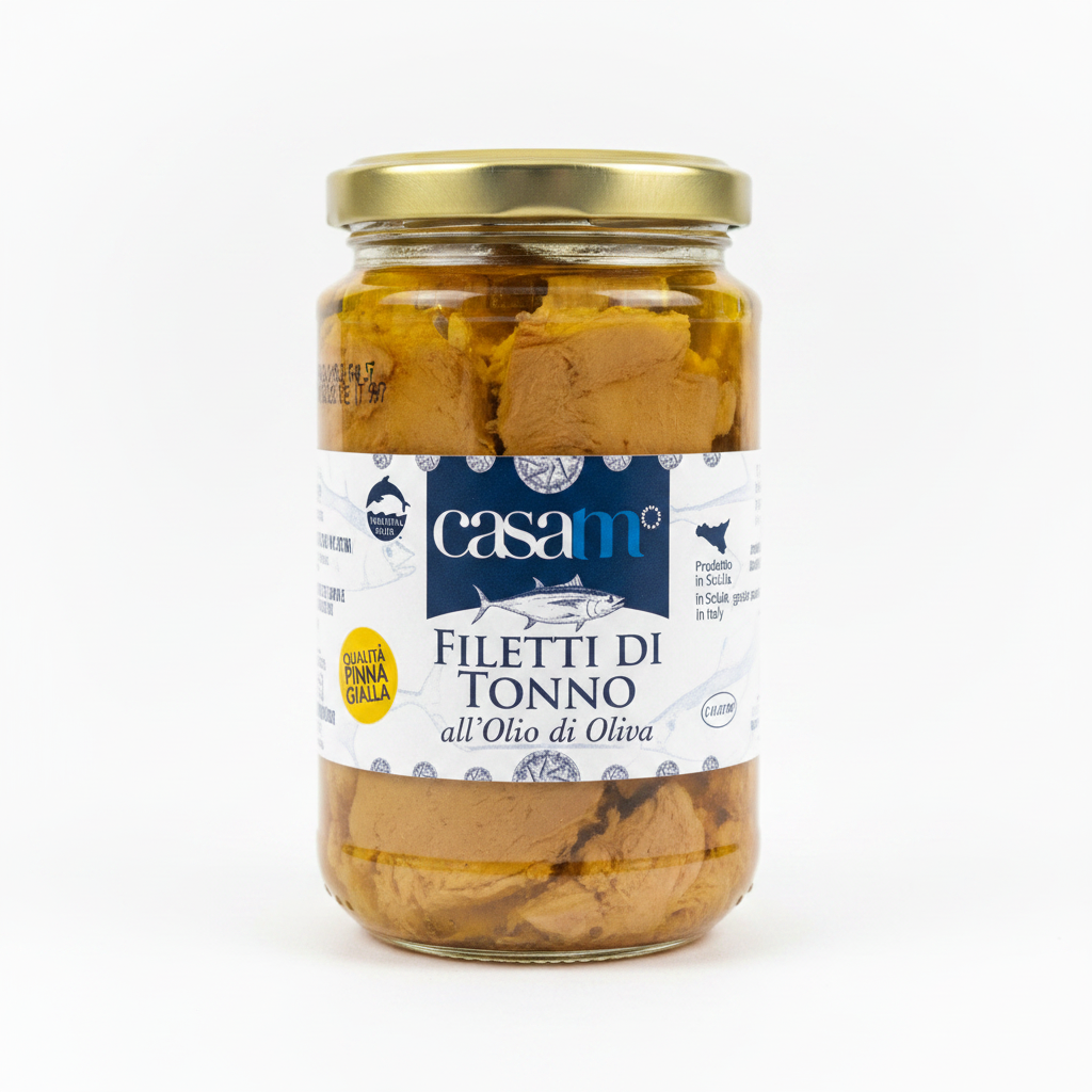 Filetti di Tonno all'Olio di Oliva Casamì 300g - barattolo in vetro con coperchio dorato