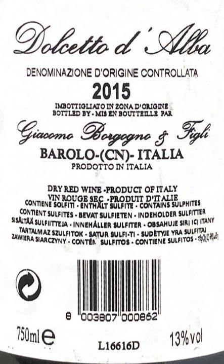 Vino Rosso - Dolcetto D'Alba 2015 DOC - Virna Borgogno Vini - Piemonte Vino - 750ml. 12.5% vol. - Drugstore Napoli
