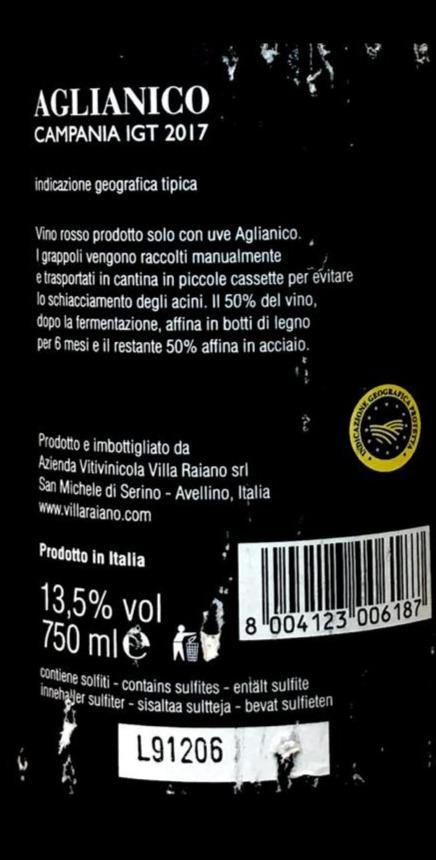Vino Rosso - Aglianico villa raiano  2017 - 750ml. 13.5%vol - Drugstore Napoli