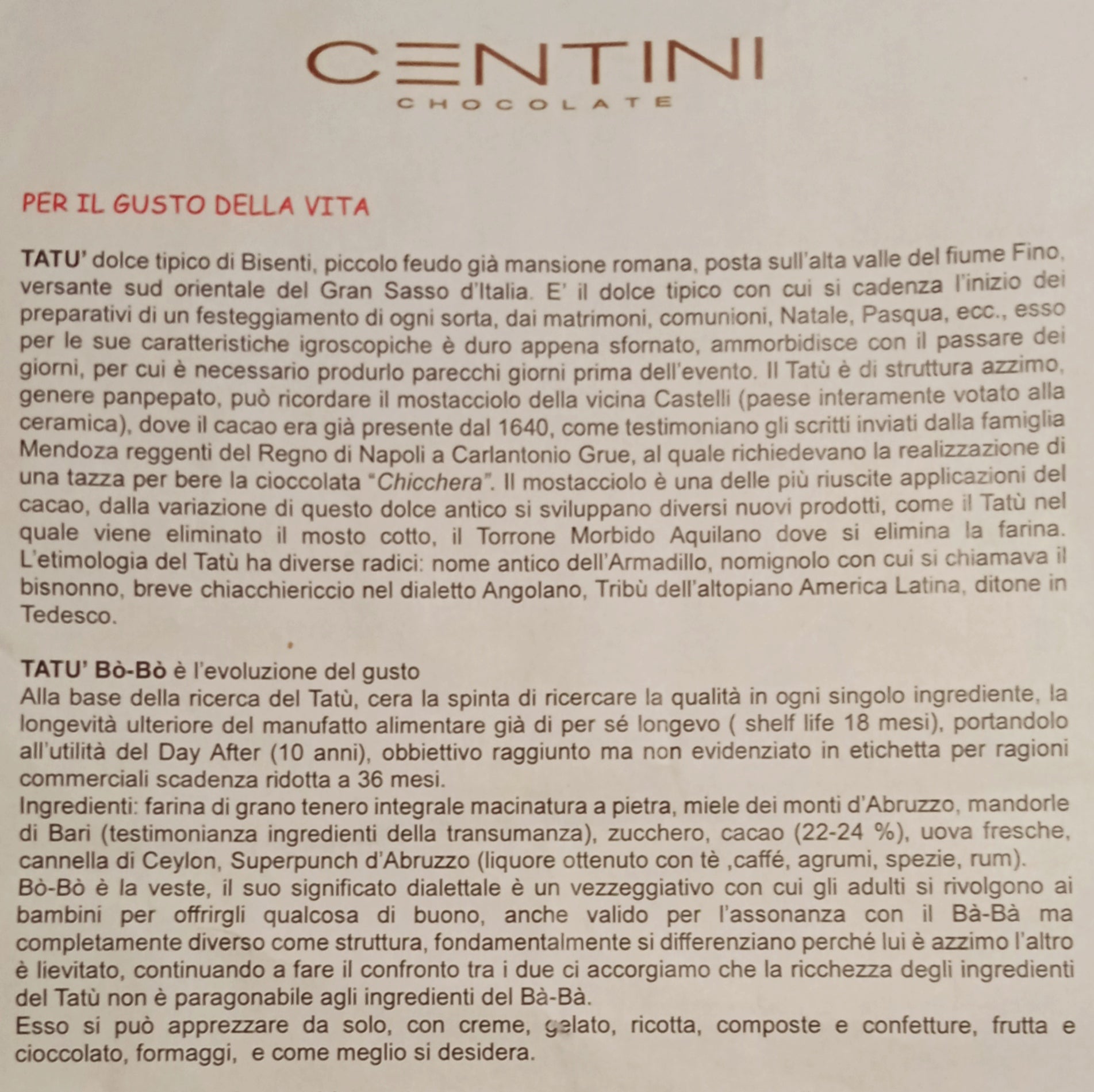 Tatu’ Bò Bò Centini Chocolate 280 gr - Drugstore Napoli