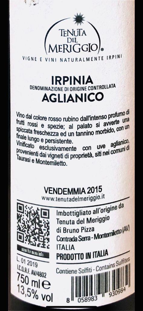 Vino Rosso - Irpina Aglianico DOC 2015 - Tenuta del Meriggio - 750ml. 13%vol. - Drugstore Napoli