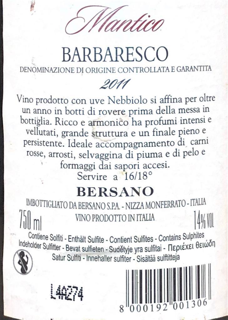 Vino Rosso - Barbaresco DOCG Mantico - Bersano 2011 - 750ml. 14% vol. - Drugstore Napoli