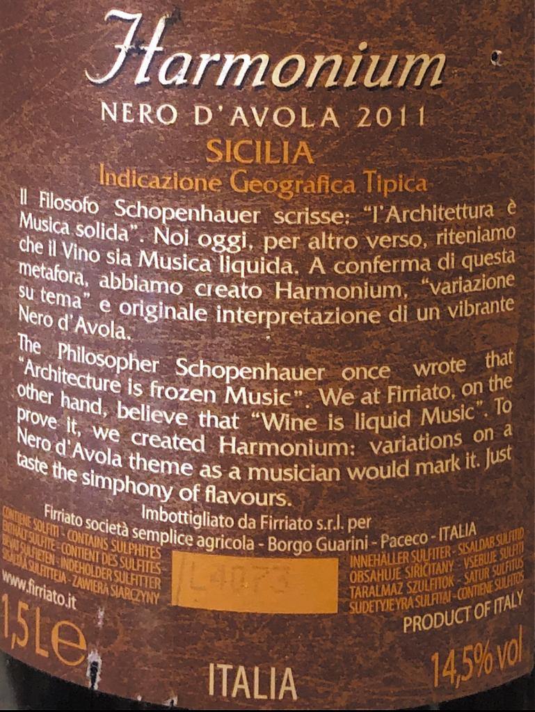 Vino Rosso - Harmonium nero d'avola 2011 -1500 ml. 14.5%vol. - Drugstore Napoli