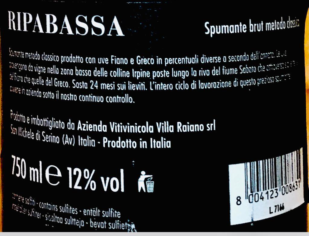 Spumante - Brut Metodo Classico “Ripa Bassa” Villa Raiano - 750ml. 12% vol. - Drugstore Napoli