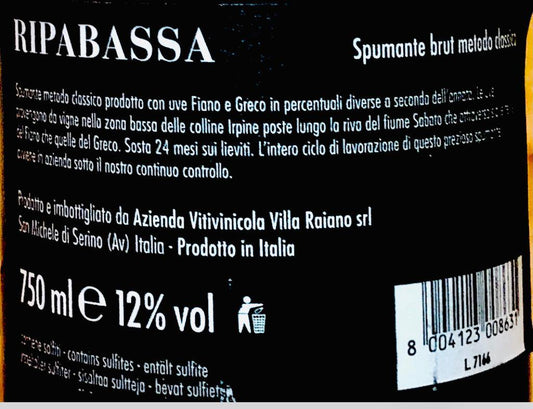 Spumante - Brut Metodo Classico “Ripa Bassa” Villa Raiano - 750ml. 12% vol. - Drugstore Napoli