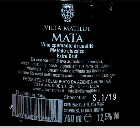Spumante - Metodo Classico Brut "Mata" Villa Matilde - 750ml. 12.5% vol. - Drugstore Napoli