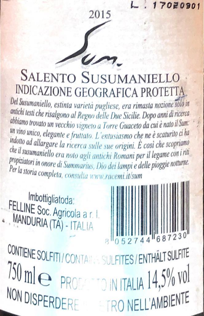 Vino Rosso - Salento IGP “Sum" 2015 Felline - 750ml. 14.5% vol. - Drugstore Napoli