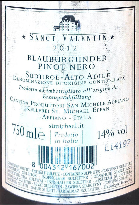 Vino Rosso - Alto Adige Lagrein DOC “Sanct Valentin” 2012 San Michele Appiano - 750ml. 14%vol. - Drugstore Napoli