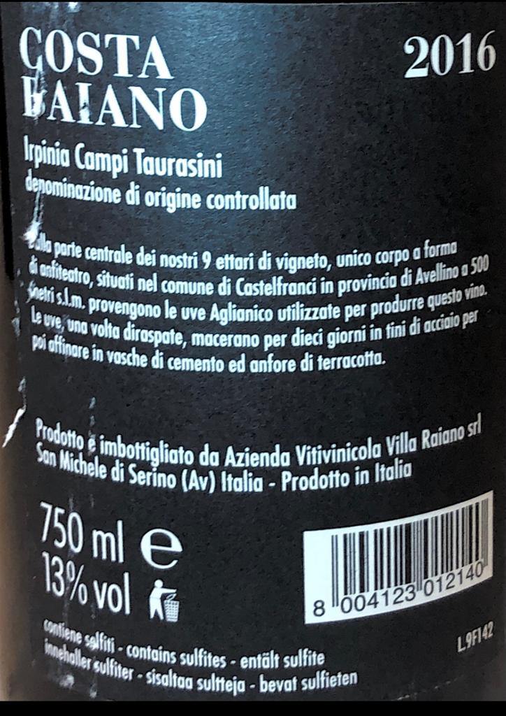 Vino Rosso - Costa Baiano " Villa Raiano " 2016 - 750ml. 13%vol. - Drugstore Napoli