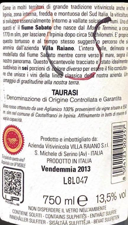 Vino Rosso - Taurasi DOCG 2013 - Villa Raiano - 750ml. 13.5% - Drugstore Napoli