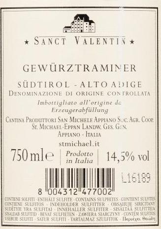Vino Bianco - Alto Adige Gewürztraminer DOC “Sanct Valentin” 2015 - San Michele Appiano - 750ml. 14.5% vol. - Drugstore Napoli